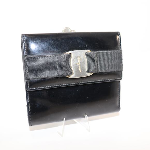 Salvatore Ferragamo Black Leather Wallet w/ Vara Bow & Kiss Lock Coin - Picture 1 of 5